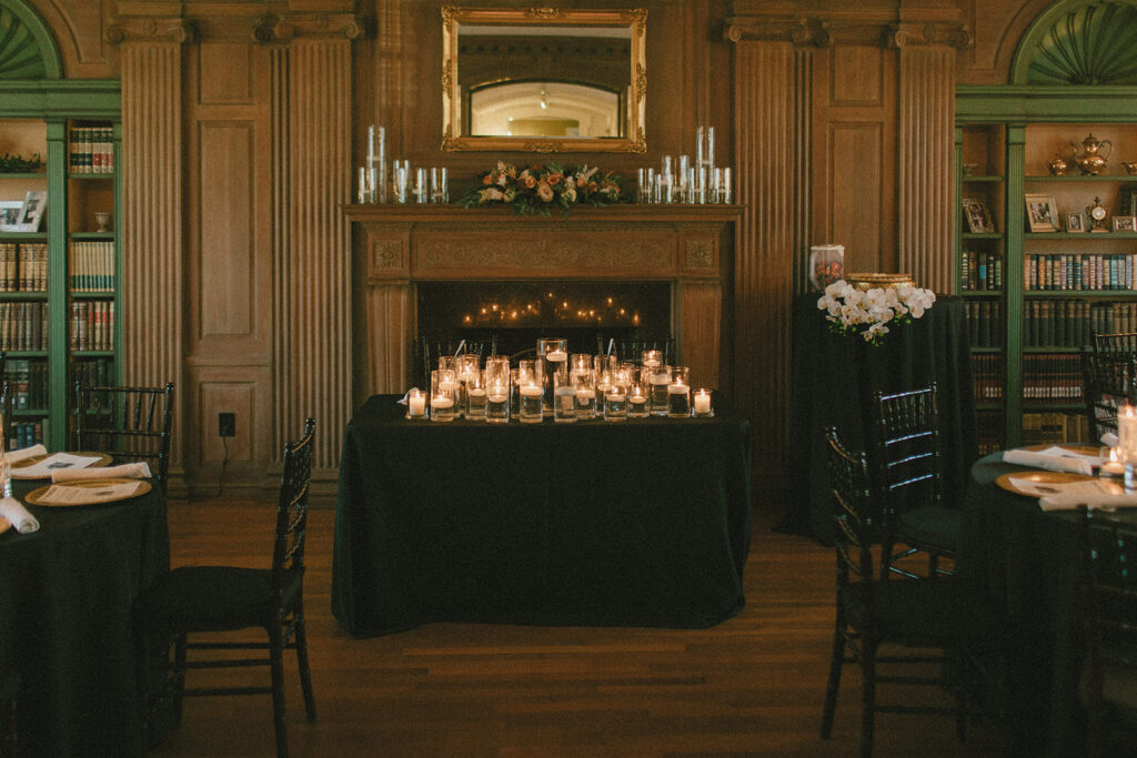 candle table decor in library of Raleigh North Carolina wedding venues