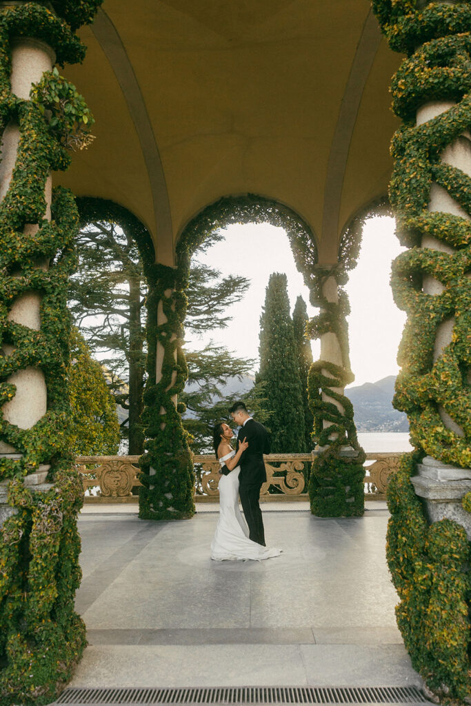 couple embraces at Italy Lake Como wedding 