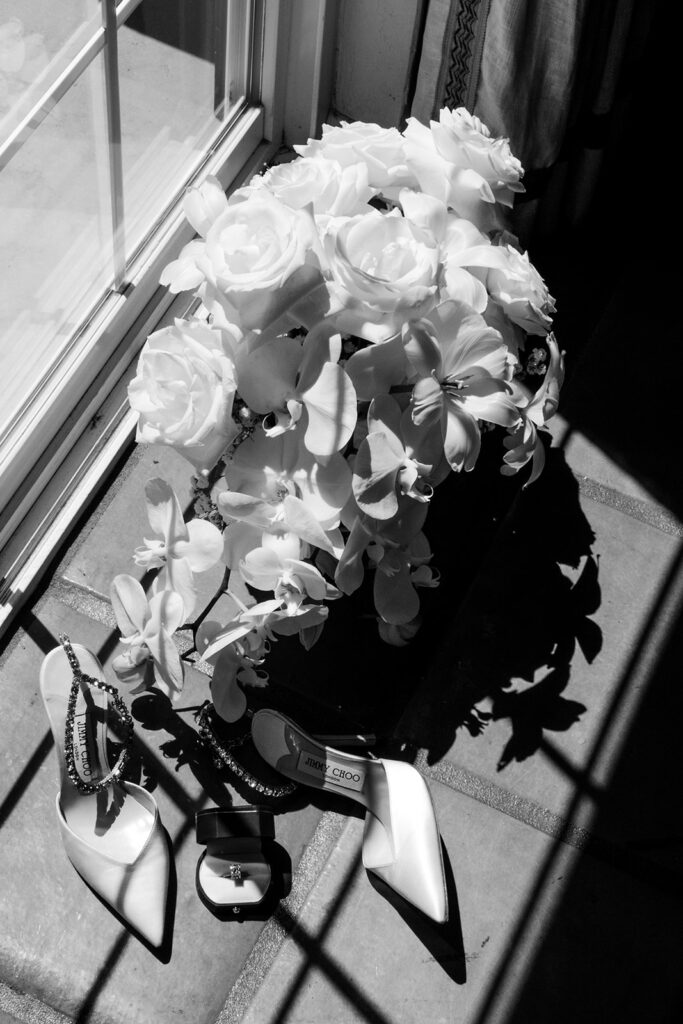 white wedding bouquet and accessories 