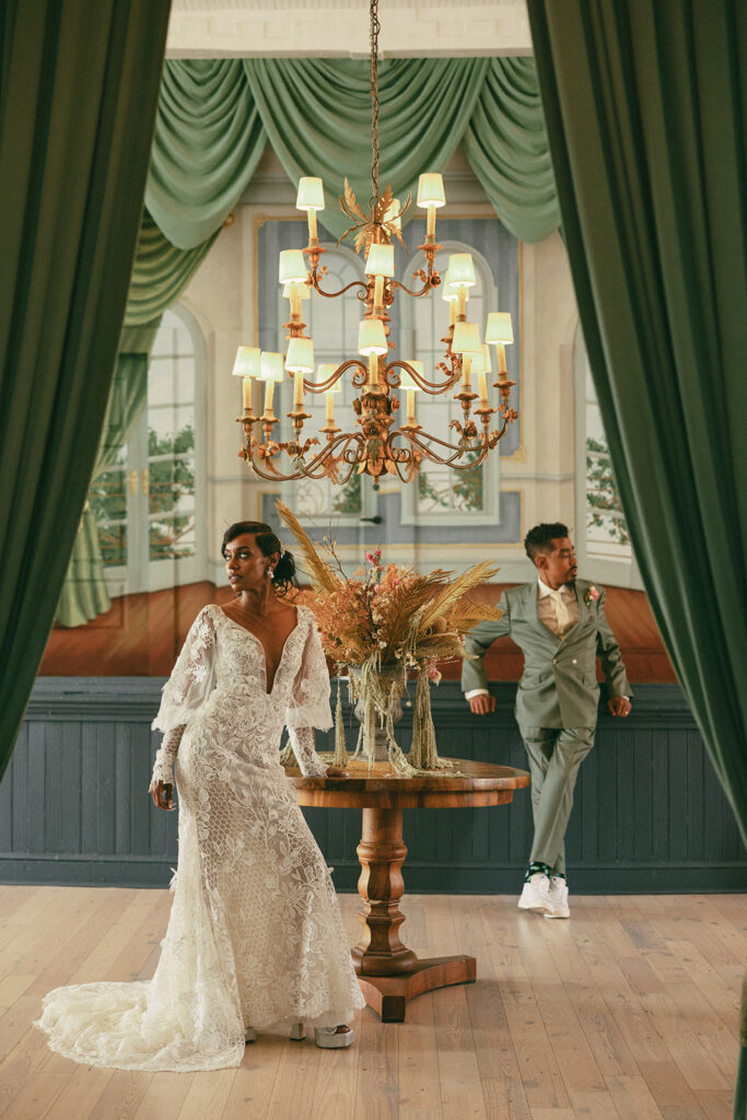couple poses together at Hotel Peter and Paul New Orleans wedding