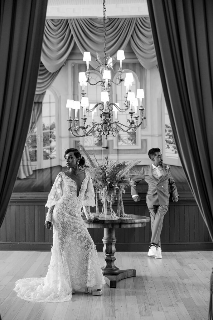 couple poses together at Hotel Peter and Paul New Orleans wedding