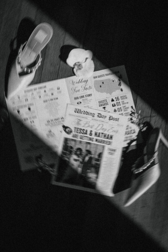 blurry wedding day post newspaper with bridal shoes