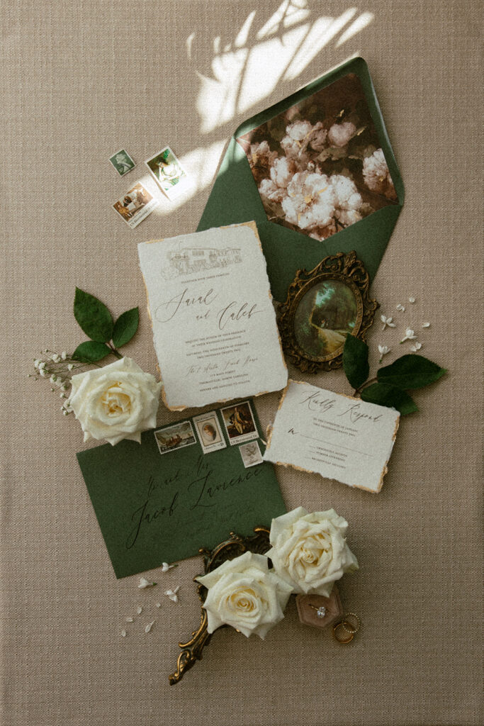 green wedding invitations and vintage details