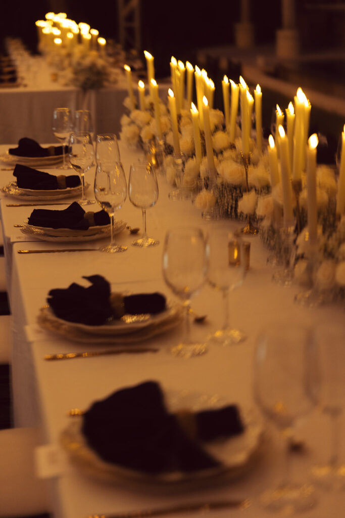 white glass and candles table setting