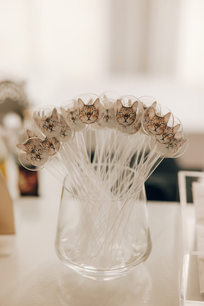 cat faces on wedding cocktail picks 